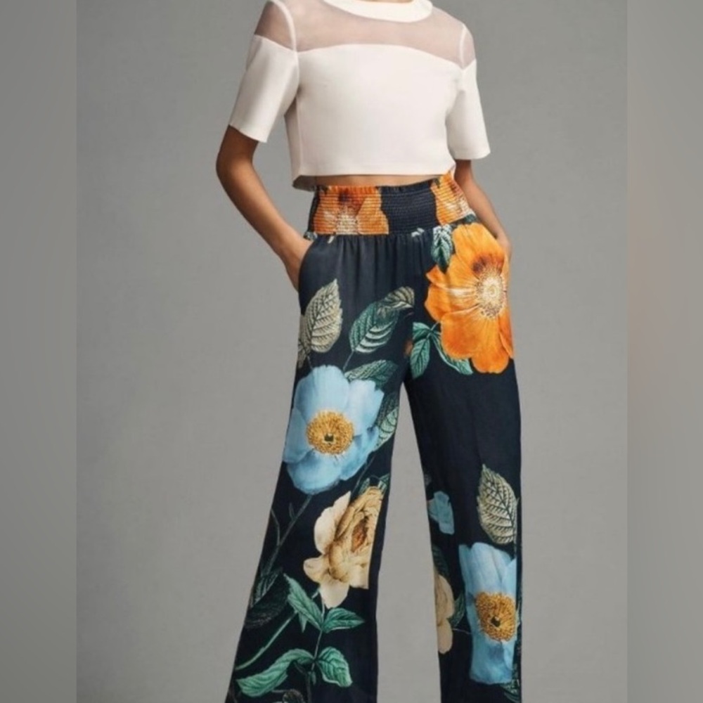 Anthropologie Maeve The Saria Floral Smocked Wide Leg Pants